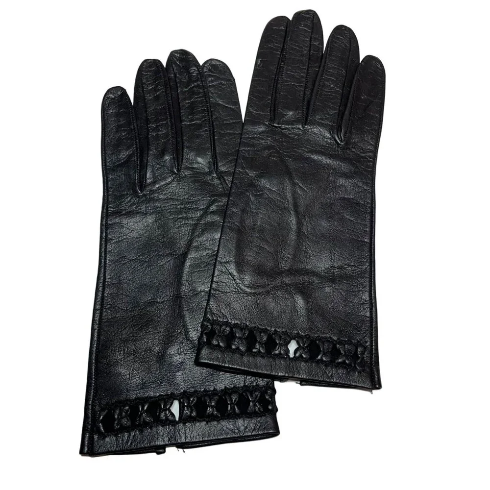 Vintage Womens Black Leather Gloves Decorative Open Detailing at Cuff